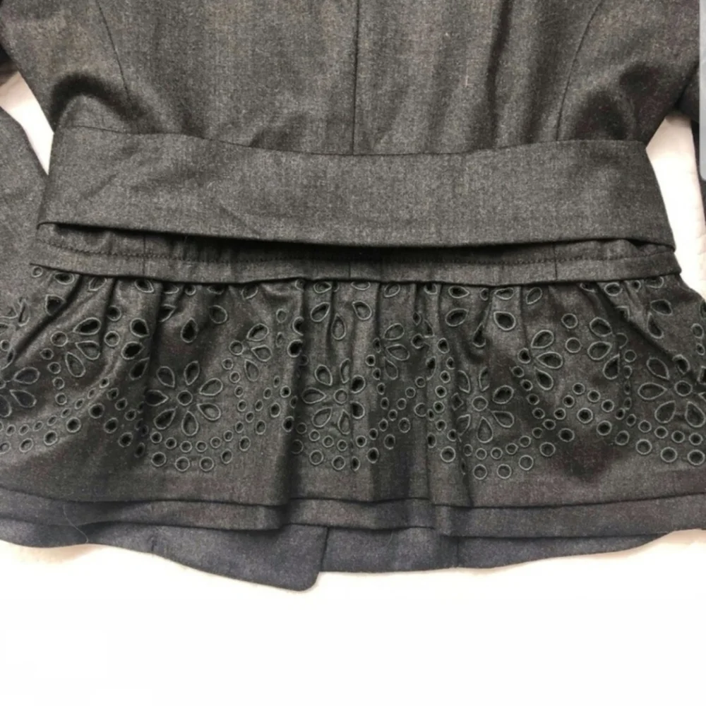 REBECCA TAYLOR Wool Crop Blazer Eyelet Peplum Detail Puff Shoulder Grey Gray XS - Picture 4 of 11